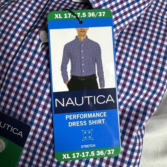 Nautica Mens XL 17-17.5 36/37 Shirt Purple Performance Slim Fit Dress Button New - Picture 3 of 10